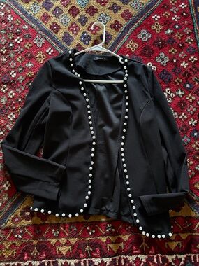 SHEIN Black Pearl-Trim Open Blazer Jacket